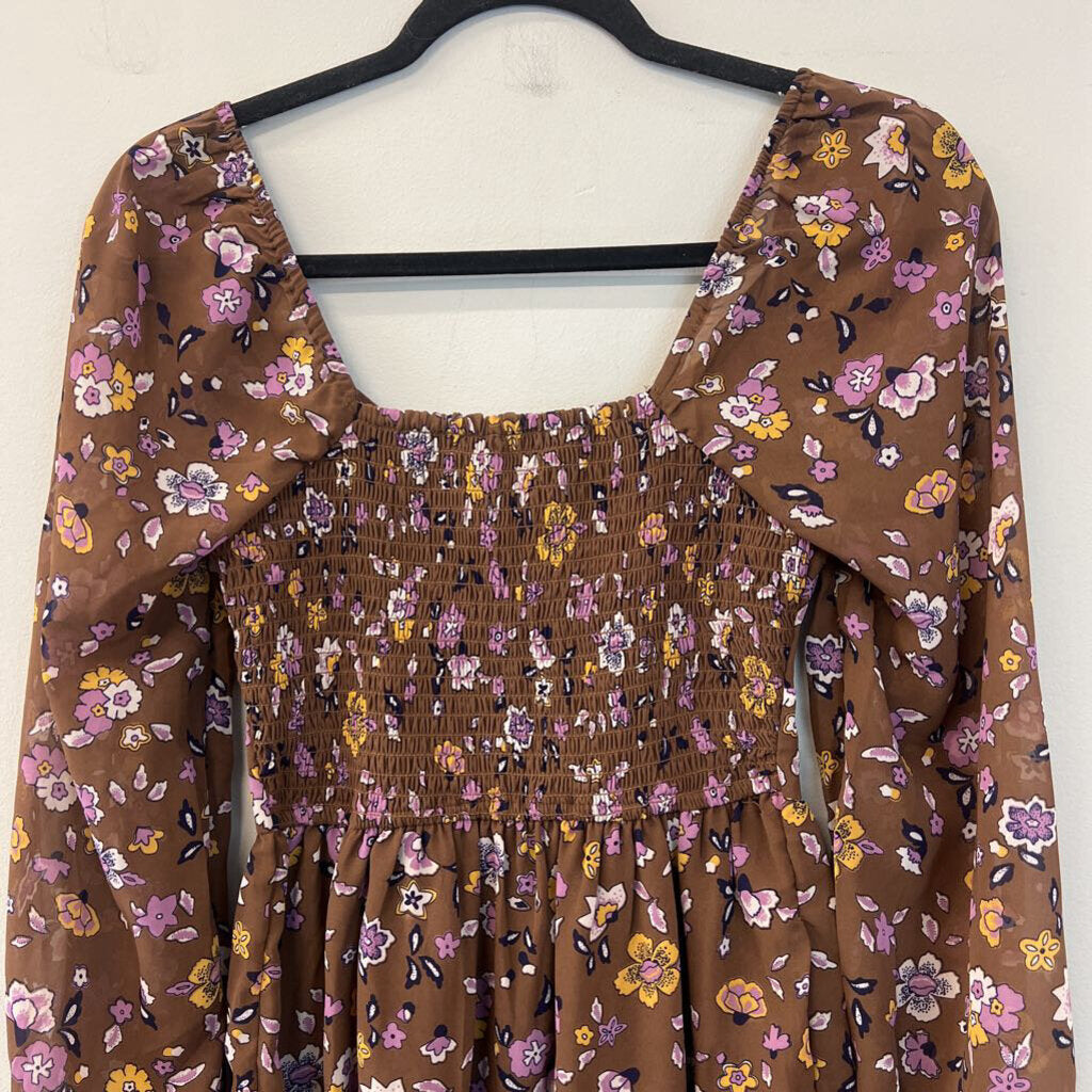 Hollister Brown/ Multi Flower Print Long Sleeve Dress Extra Small