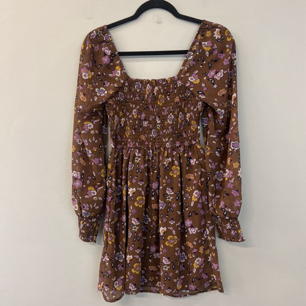 Hollister Brown/ Multi Flower Print Long Sleeve Dress Extra Small