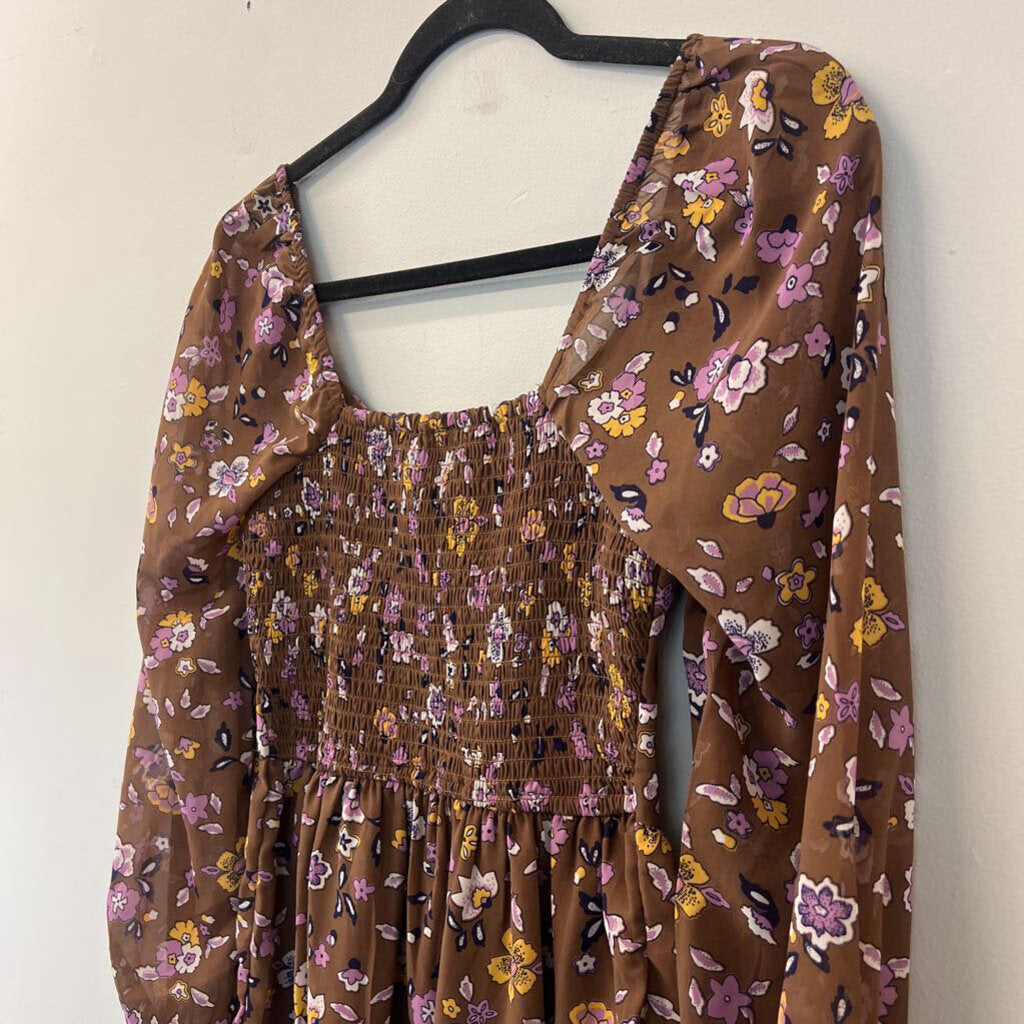 Hollister Brown/ Multi Flower Print Long Sleeve Dress Extra Small