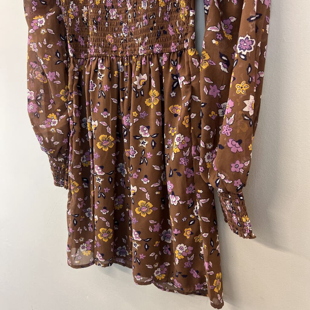 Hollister Brown/ Multi Flower Print Long Sleeve Dress Extra Small