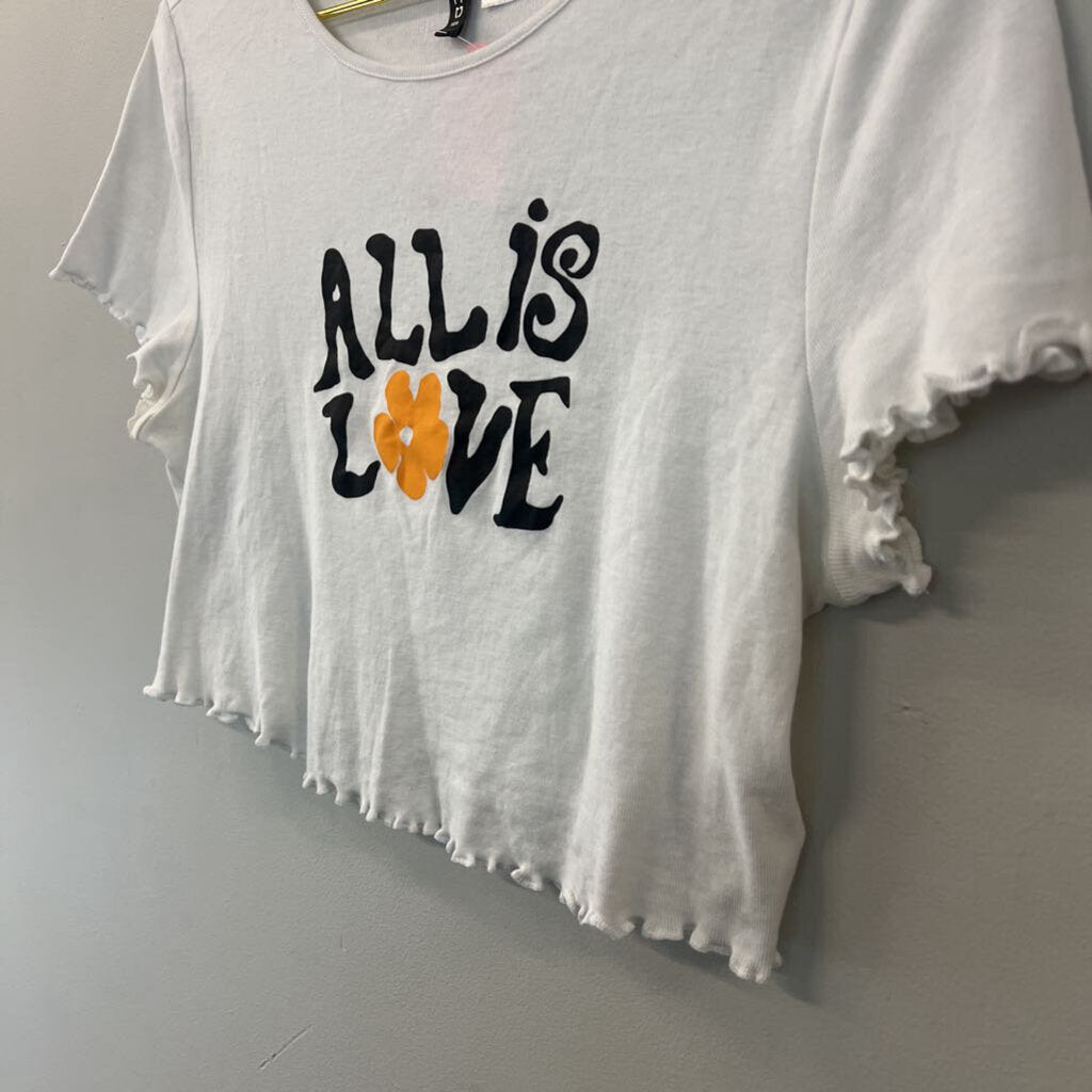 Divided White/ Multi 'All Is Love' Short Sleeve Cropped Graphic Tee Large