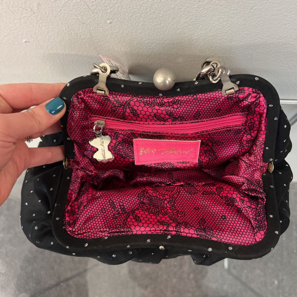 Betsey Johnson Black/ Silver Pearl Detail Clutch Purse