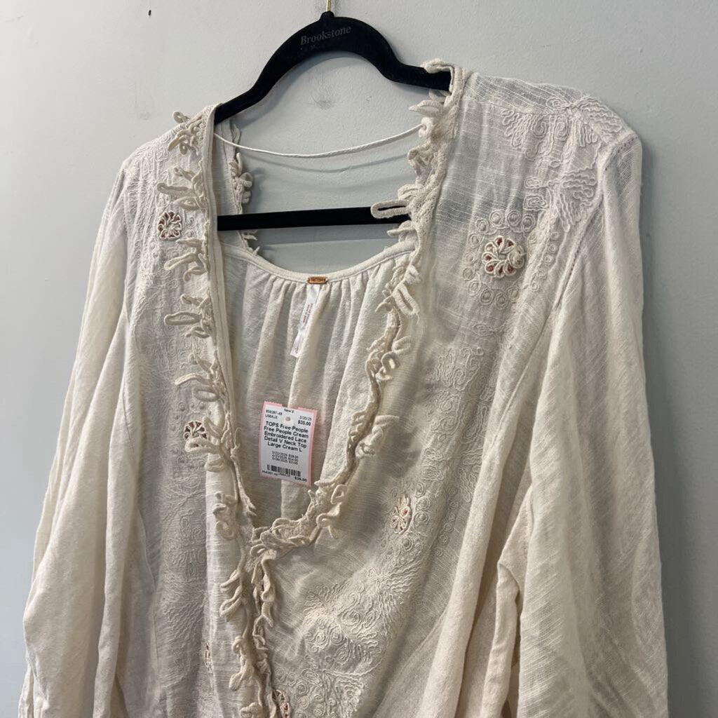 Free People Cream Embroidered Lace Detail V Neck Top Large