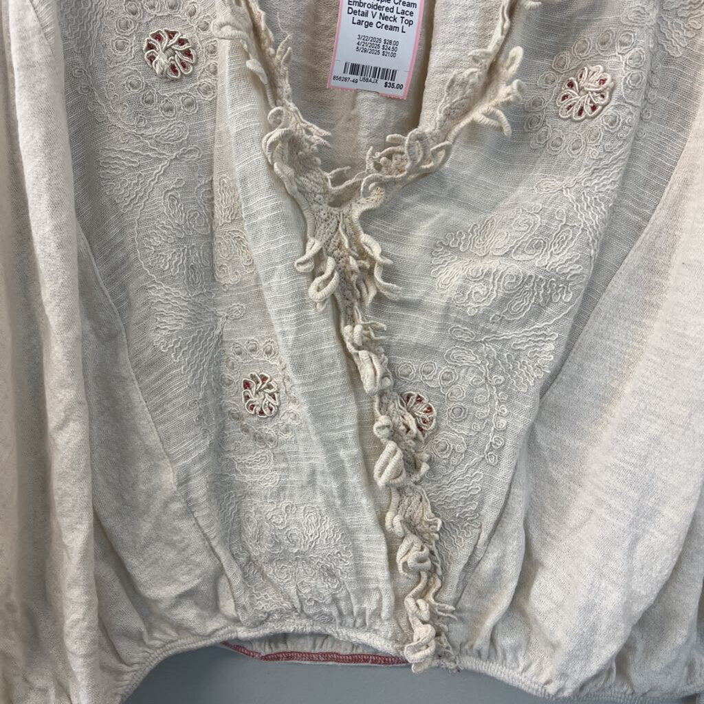 Free People Cream Embroidered Lace Detail V Neck Top Large