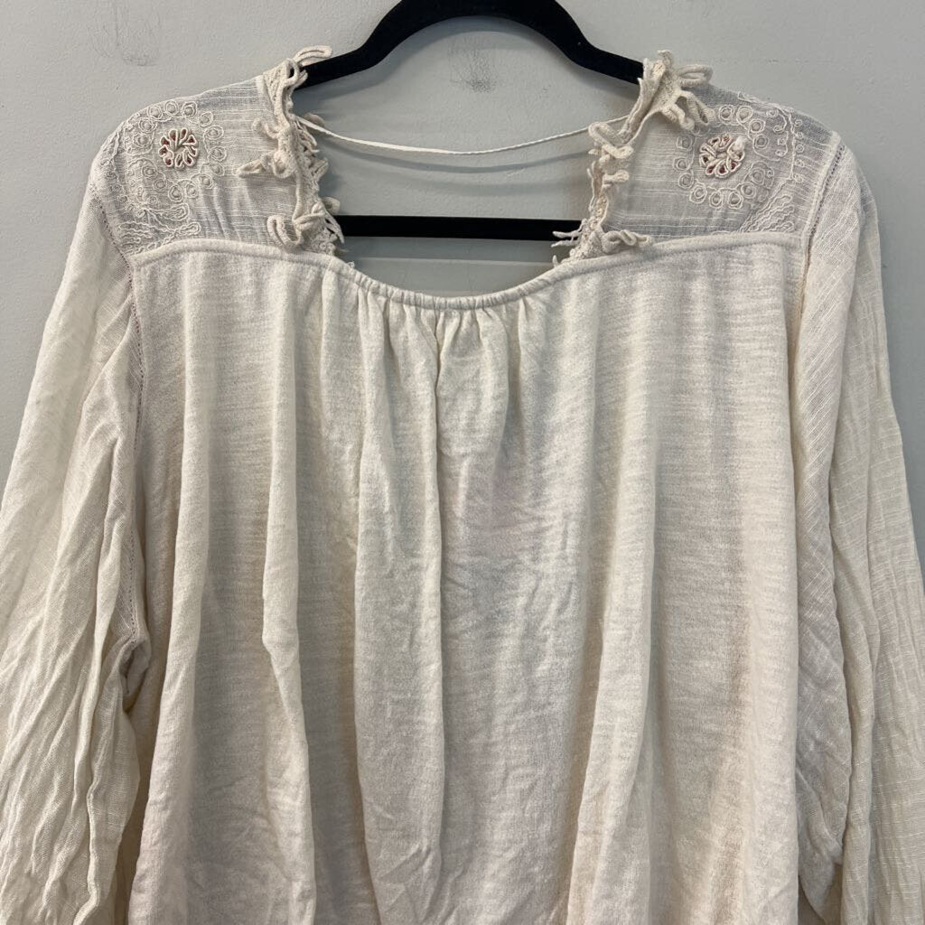 Free People Cream Embroidered Lace Detail V Neck Top Large