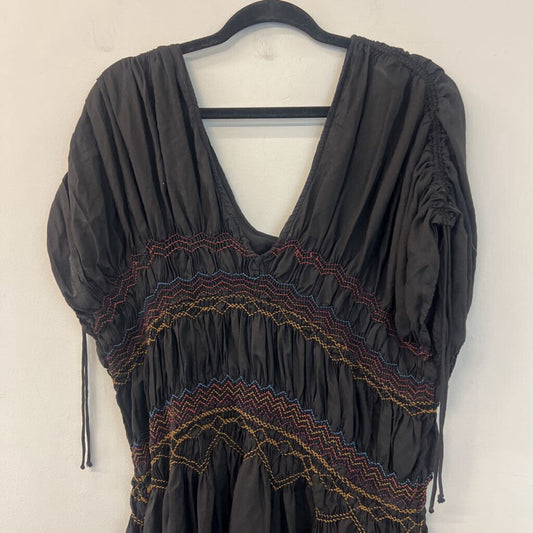 Free People Brown/ Multi Embroidered Short Sleeve Dress Large