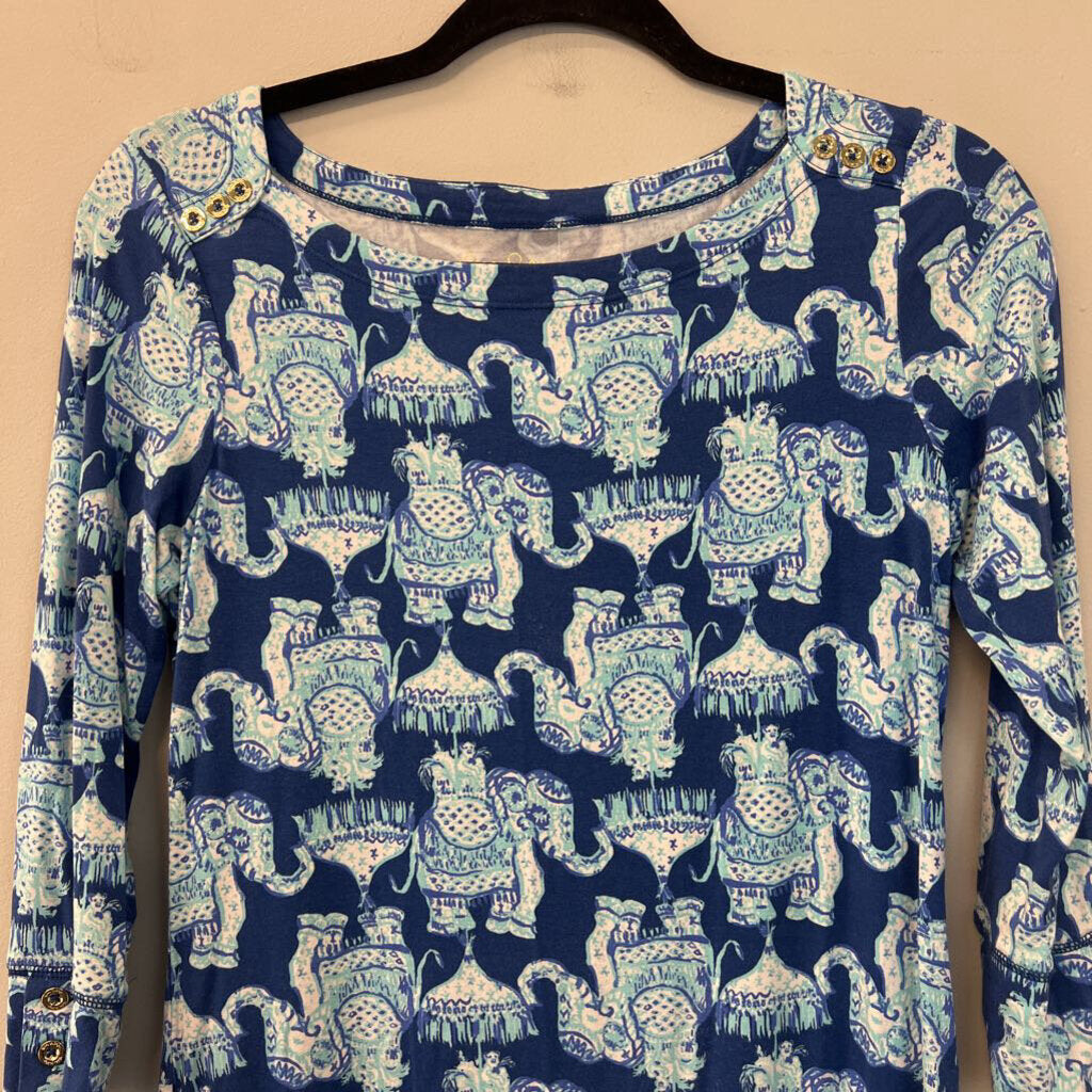 Lilly Pulitzer Blue Elephant Print Long Sleeve Dress Small