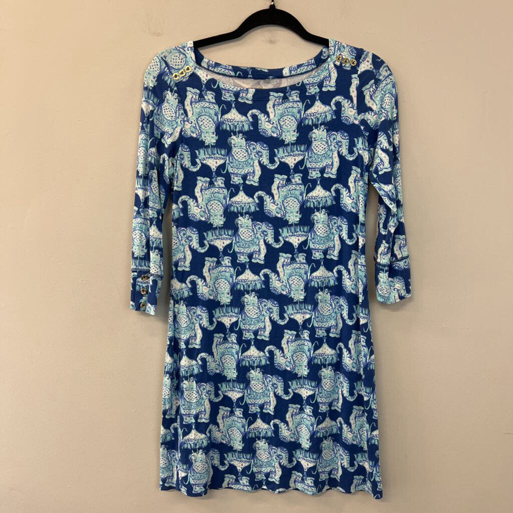 Lilly Pulitzer Blue Elephant Print Long Sleeve Dress Small