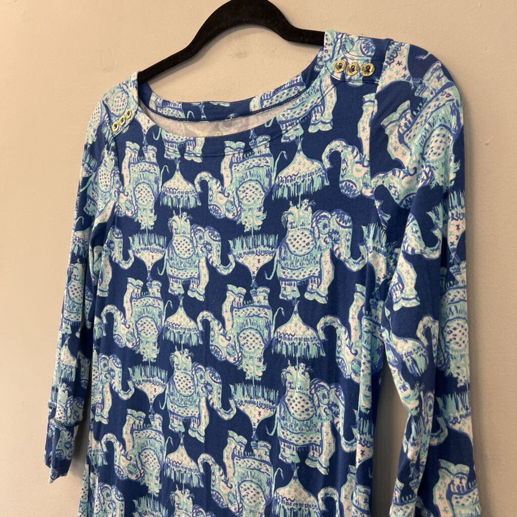 Lilly Pulitzer Blue Elephant Print Long Sleeve Dress Small