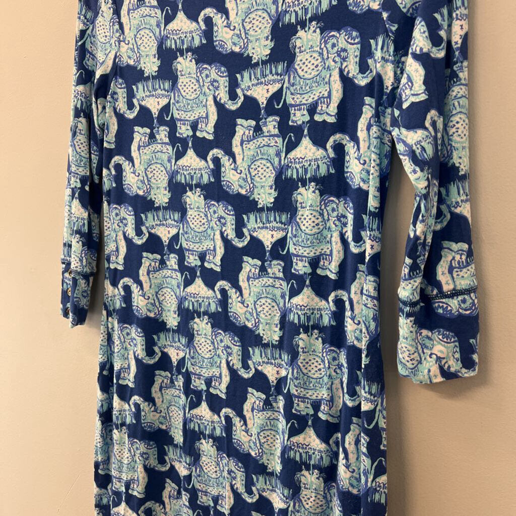 Lilly Pulitzer Blue Elephant Print Long Sleeve Dress Small