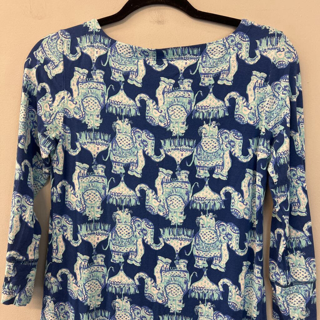 Lilly Pulitzer Blue Elephant Print Long Sleeve Dress Small