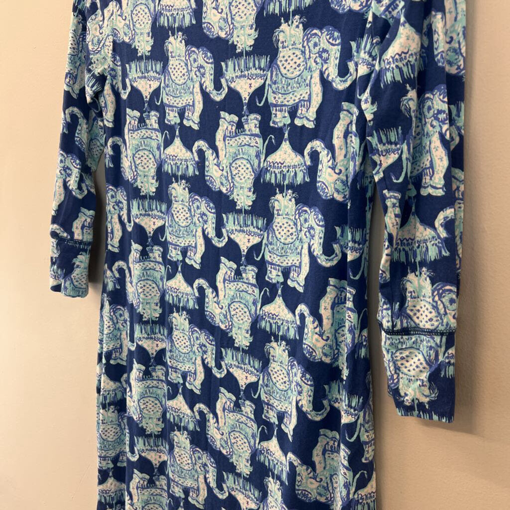 Lilly Pulitzer Blue Elephant Print Long Sleeve Dress Small