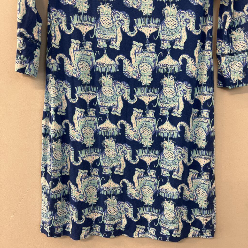 Lilly Pulitzer Blue Elephant Print Long Sleeve Dress Small