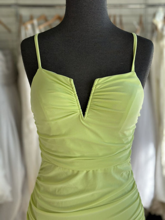 Jules and Cleo Neon Green Ruched Fitted Long Formal Dress 2