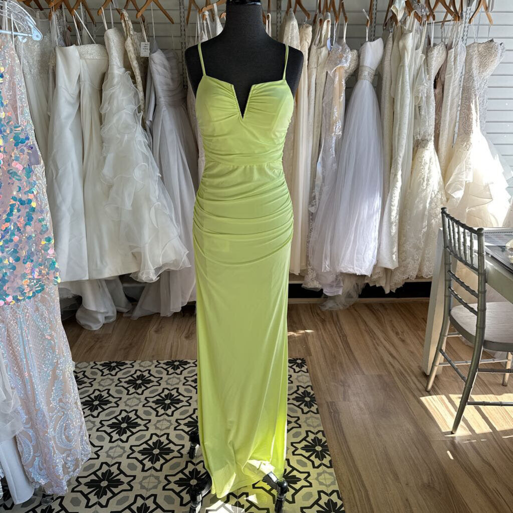 Jules and Cleo Neon Green Ruched Fitted Long Formal Dress 2