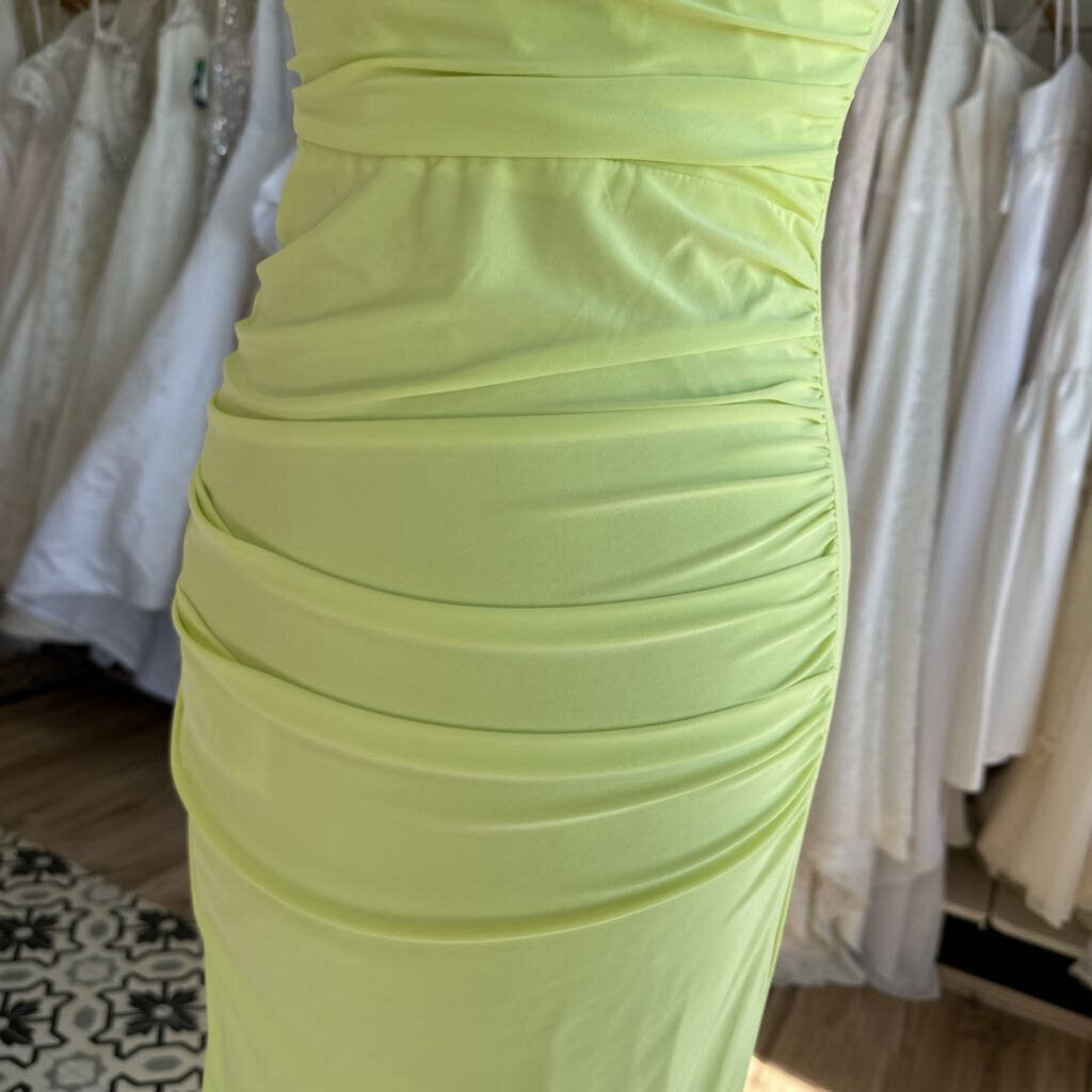 Jules and Cleo Neon Green Ruched Fitted Long Formal Dress 2