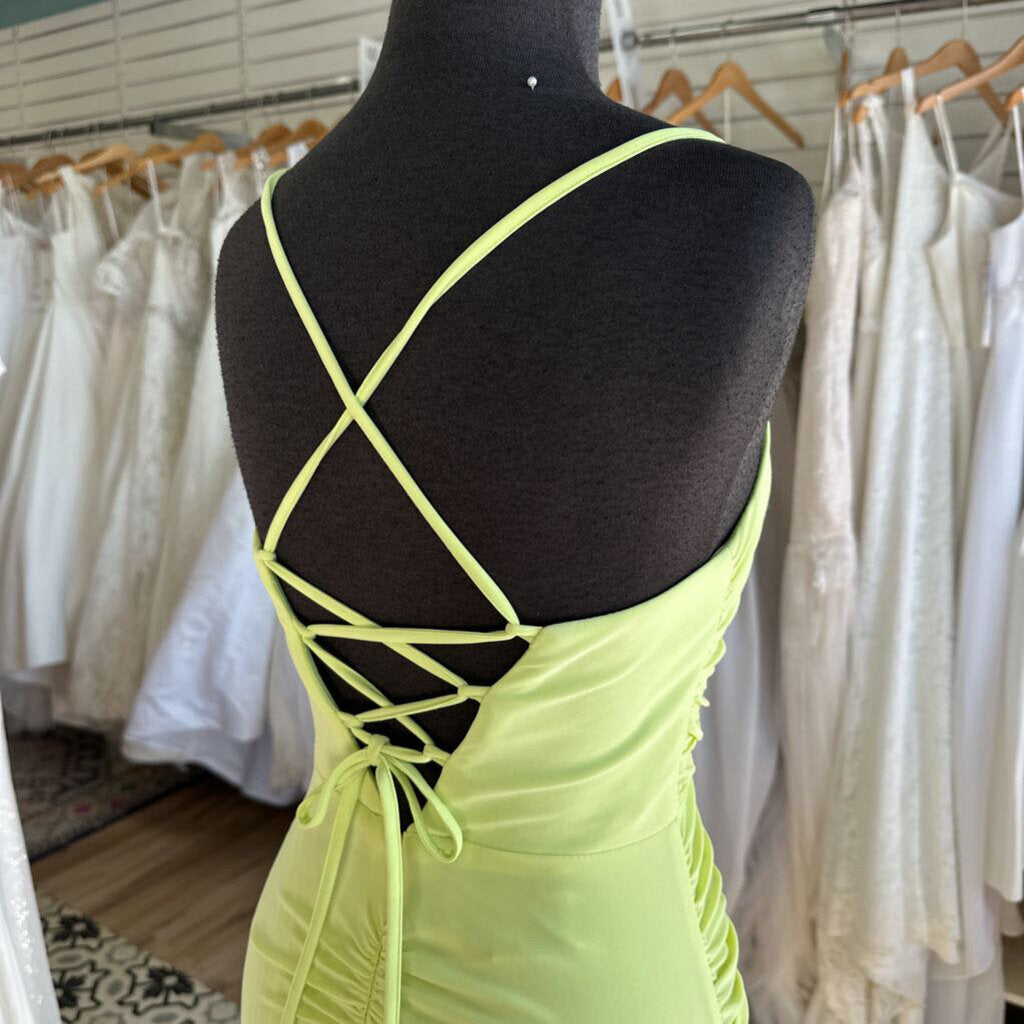 Jules and Cleo Neon Green Ruched Fitted Long Formal Dress 2