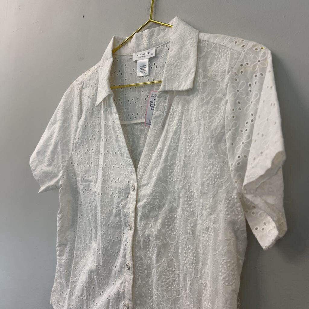 Kirious White Eyelet Lace Short Sleeve Button Down Top Large