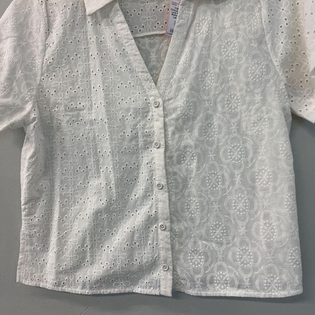 Kirious White Eyelet Lace Short Sleeve Button Down Top Large