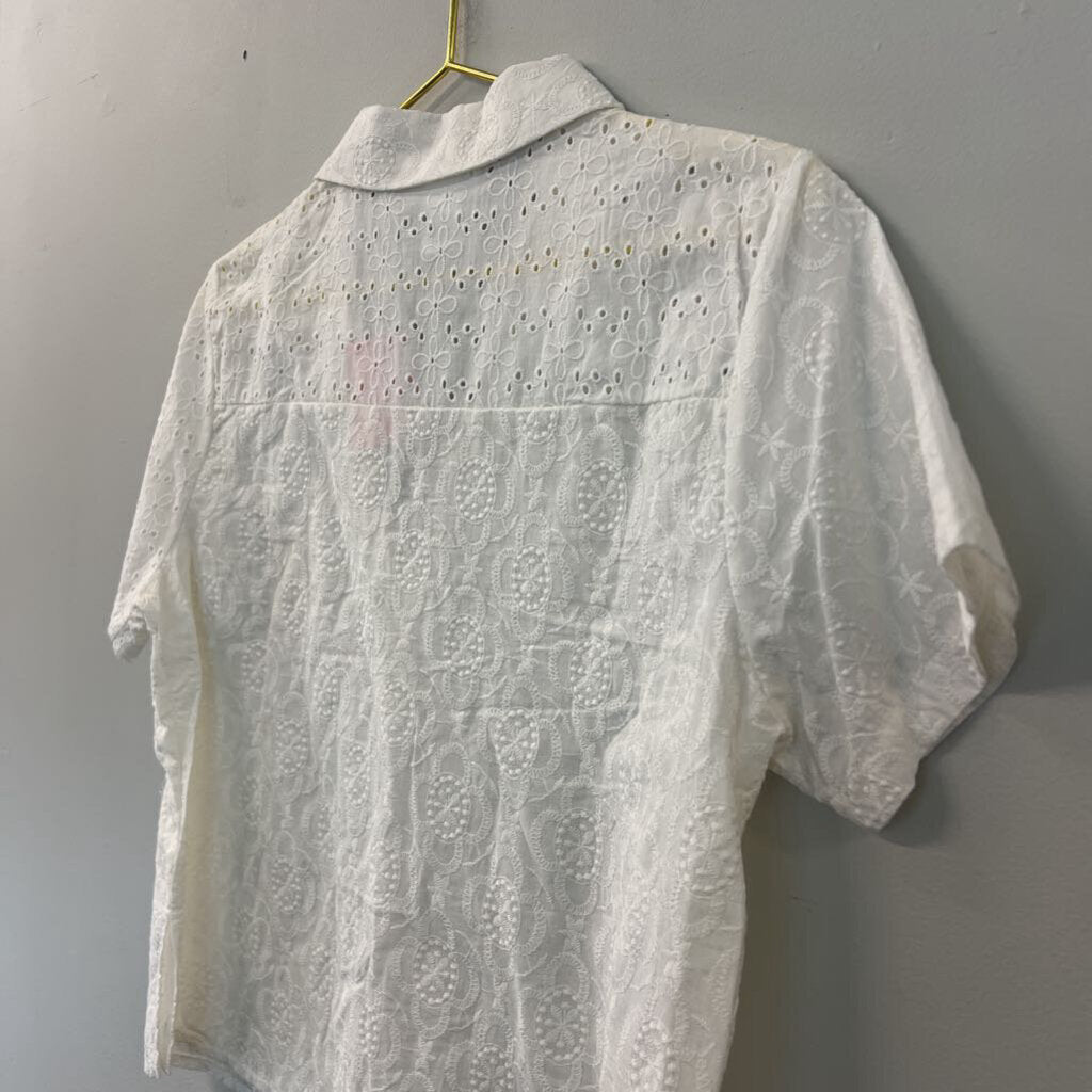 Kirious White Eyelet Lace Short Sleeve Button Down Top Large