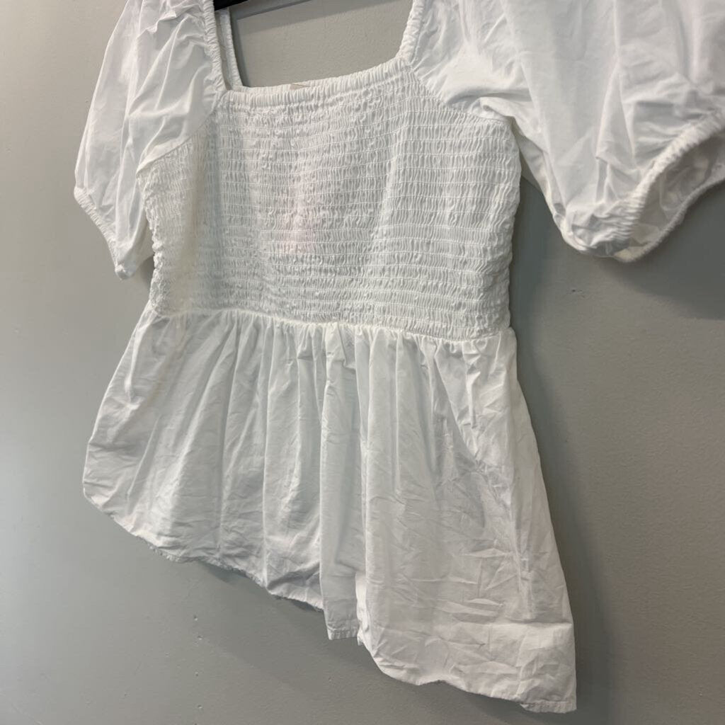 Loft White Smocked Short Puff Sleeve Top Small