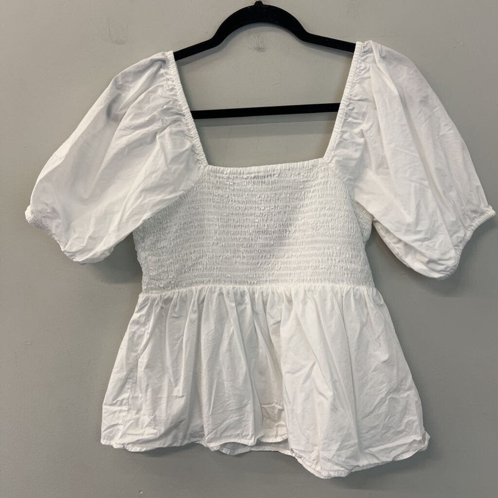 Loft White Smocked Short Puff Sleeve Top Small