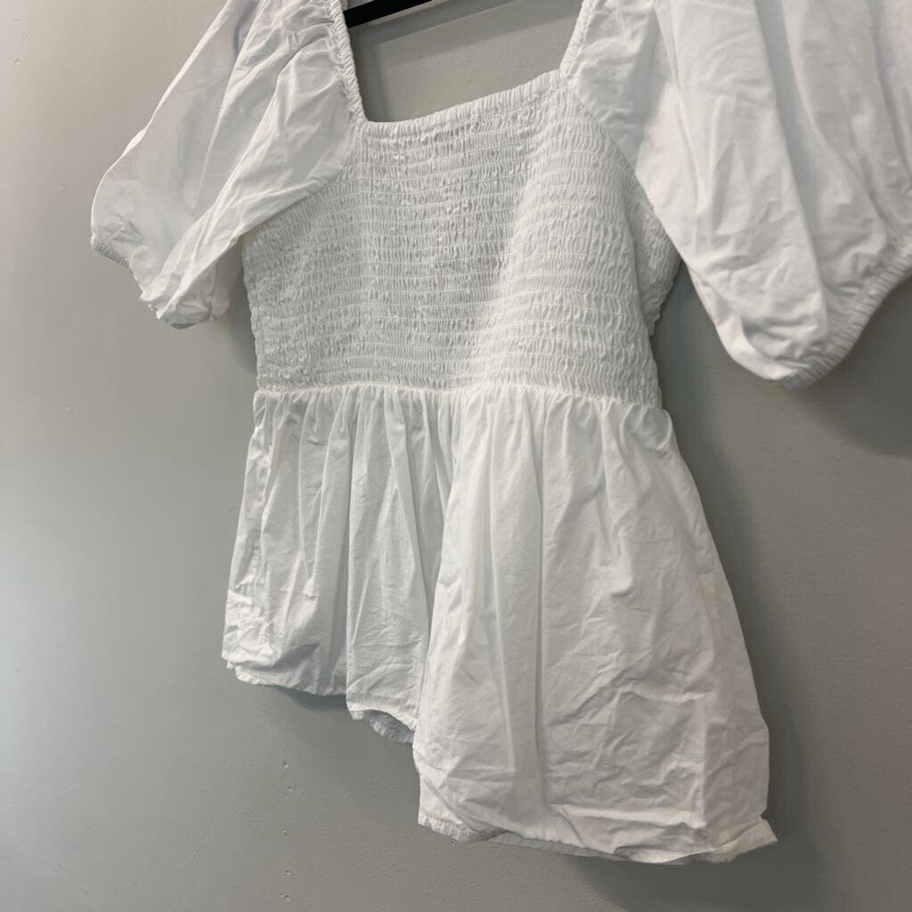 Loft White Smocked Short Puff Sleeve Top Small