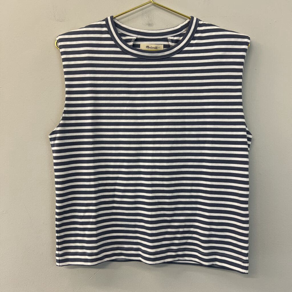 Madewell Blue/ White Striped Sleeveless Top With Shoulder Pads Small