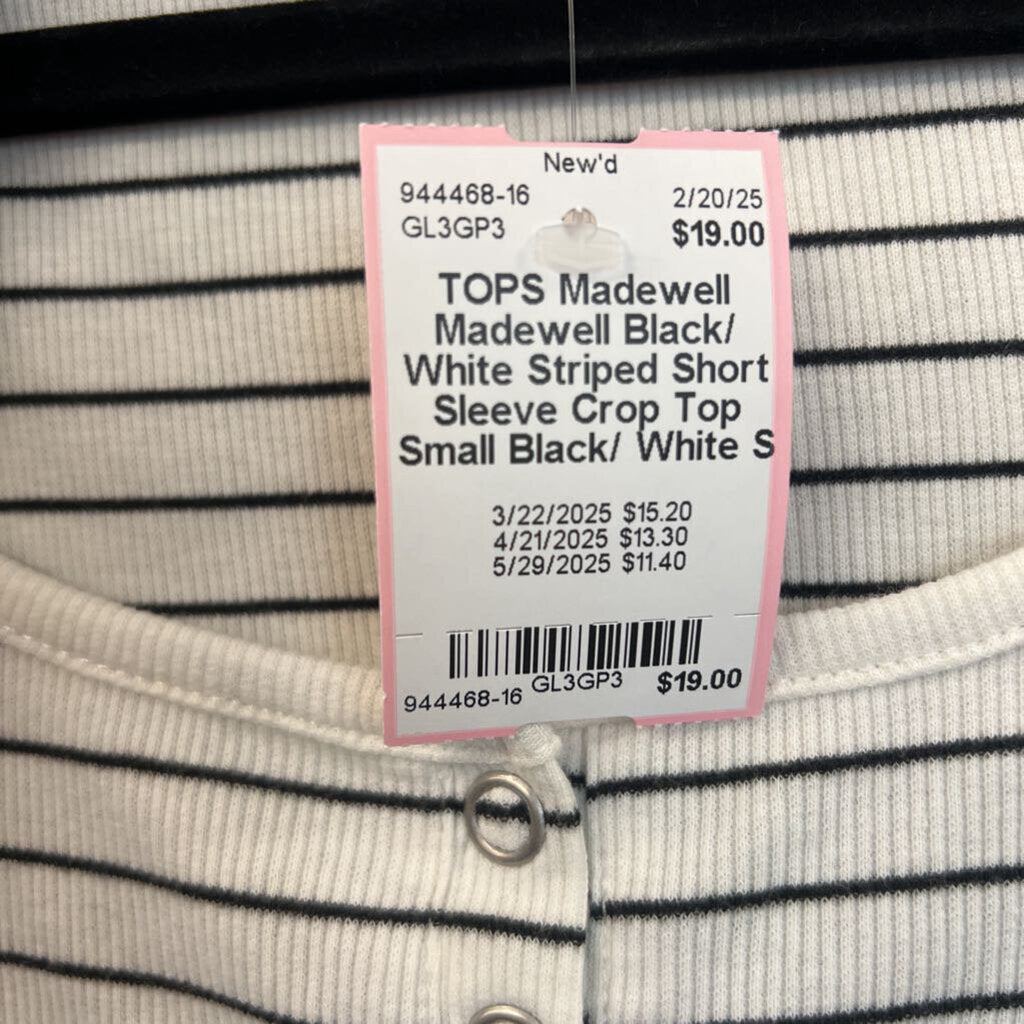 Madewell Black/ White Striped Short Sleeve Crop Top Small