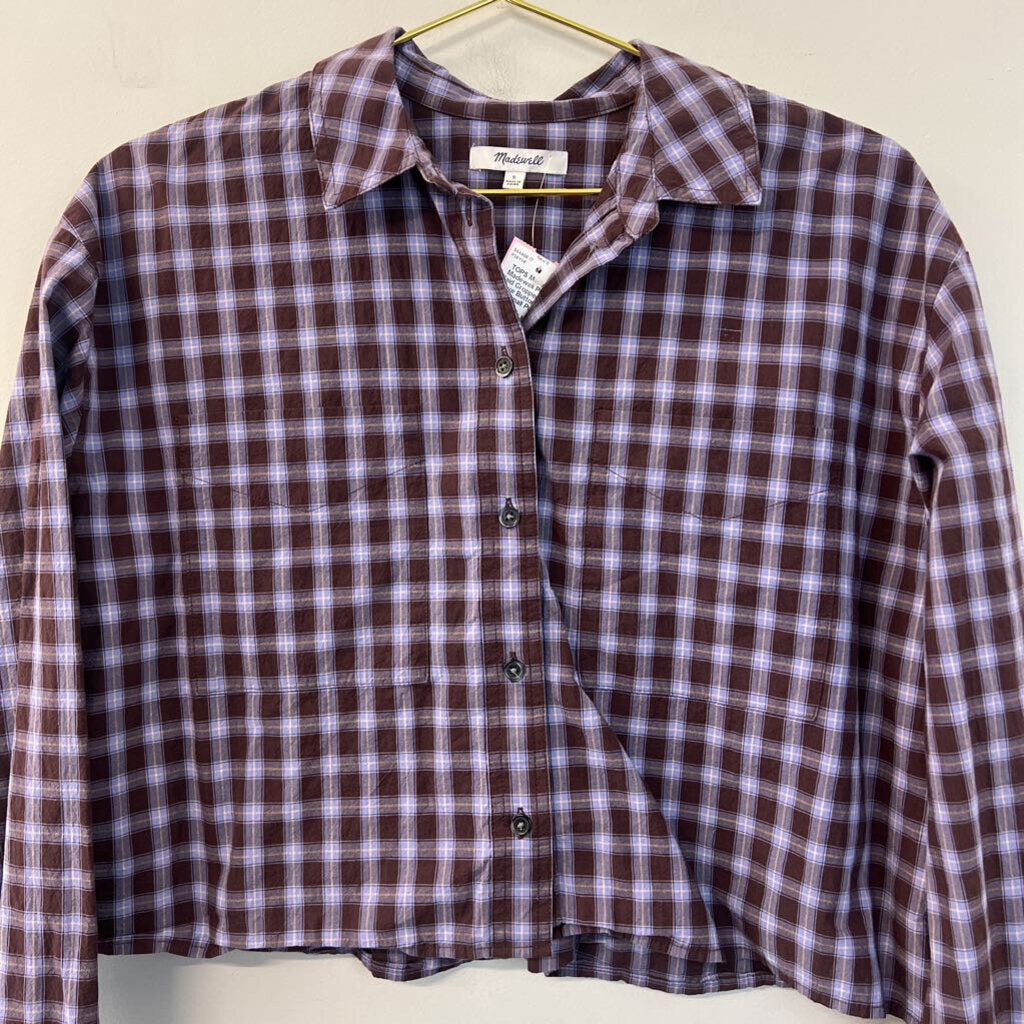 Madewell Purple Plaid Cropped Long Sleeve Button Down Top Small