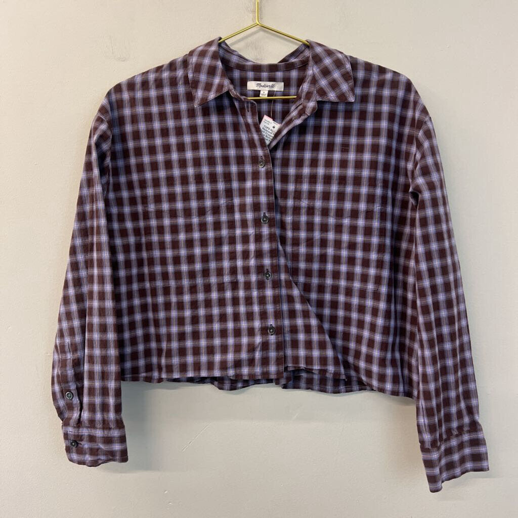 Madewell Purple Plaid Cropped Long Sleeve Button Down Top Small