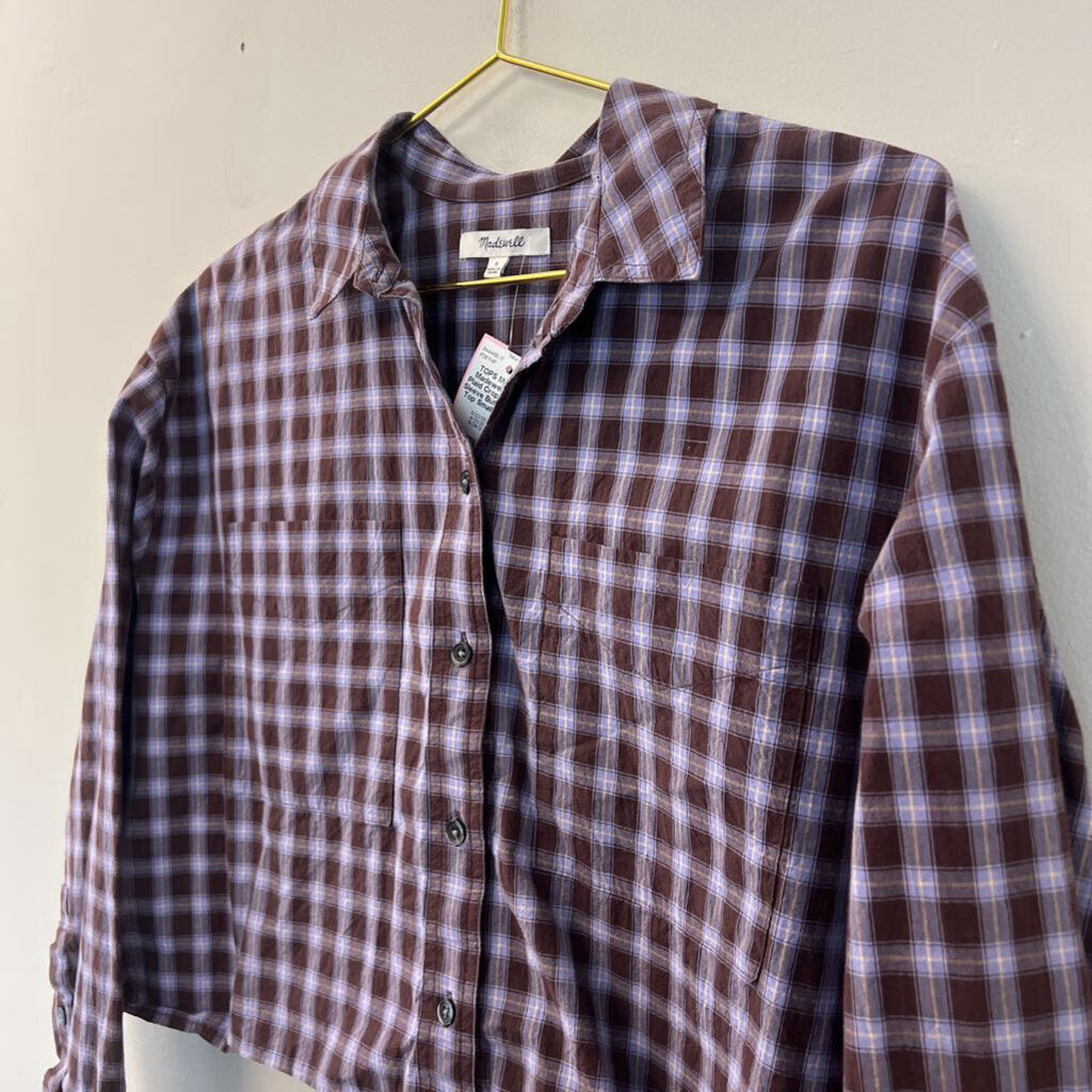 Madewell Purple Plaid Cropped Long Sleeve Button Down Top Small