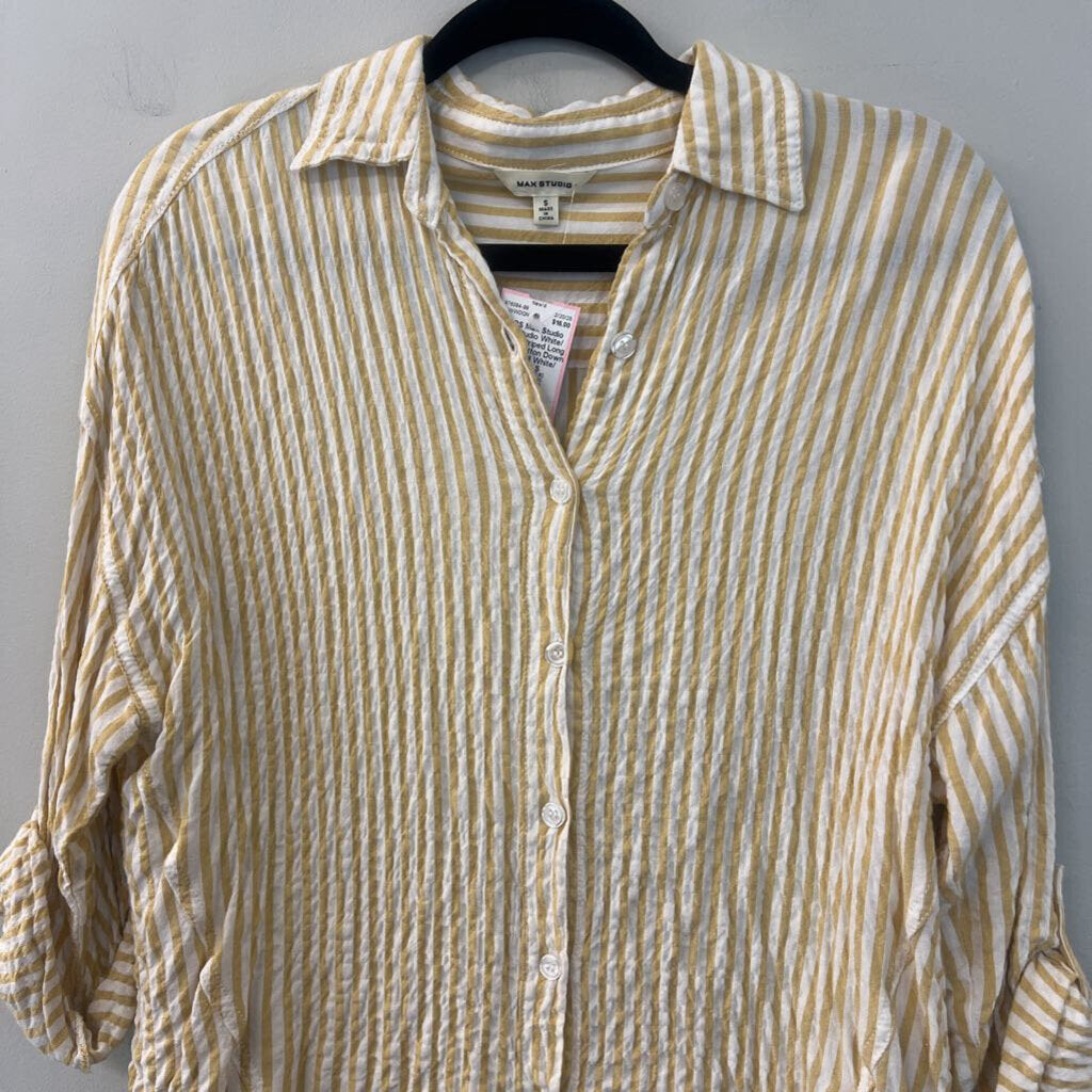 Max Studio White/ Yellow Striped Long Sleeve Button Down Top Small