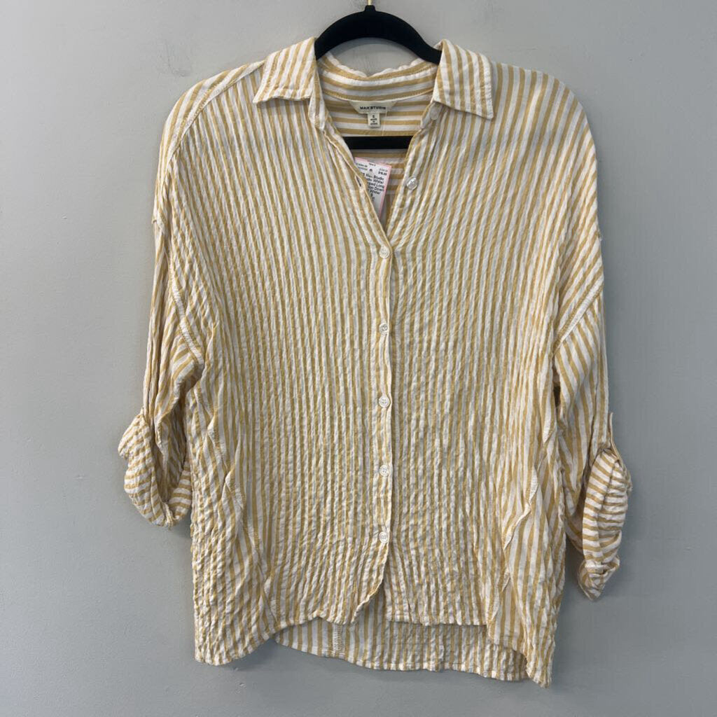 Max Studio White/ Yellow Striped Long Sleeve Button Down Top Small