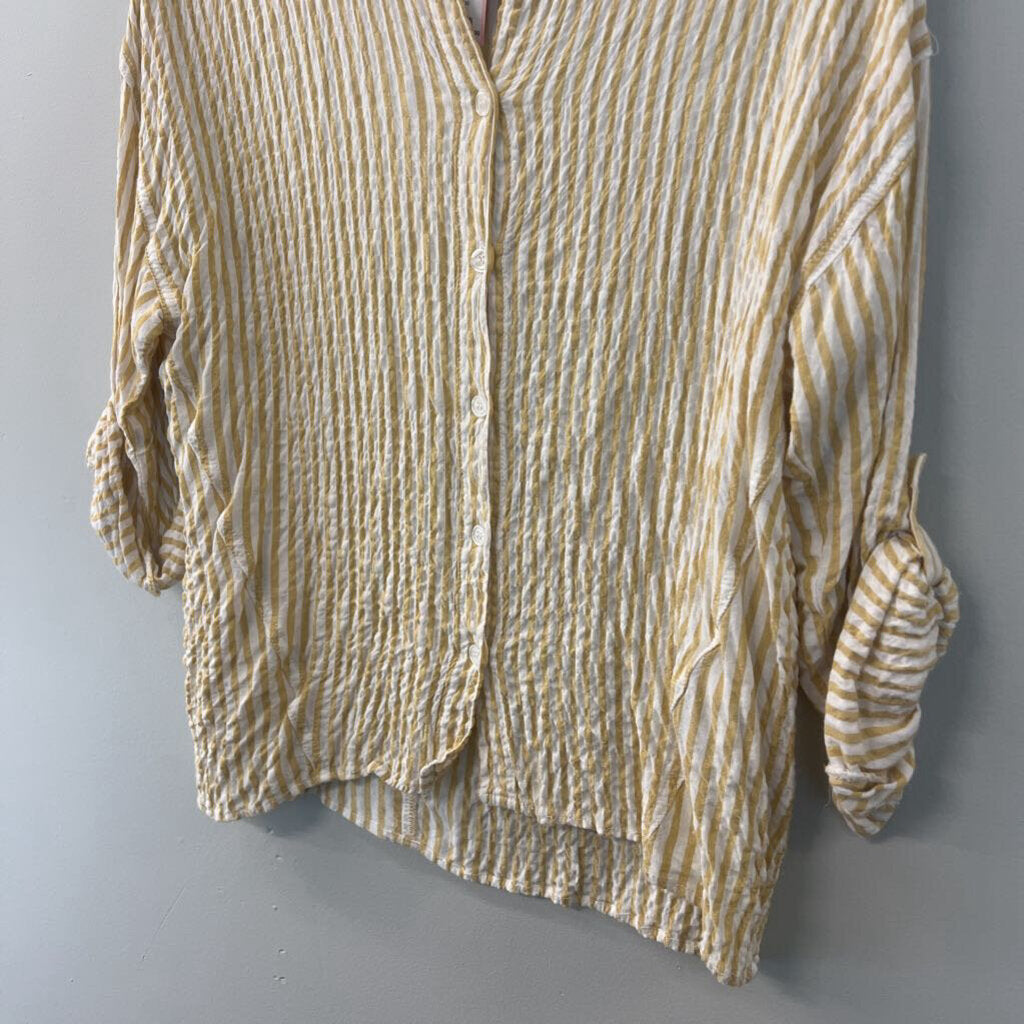 Max Studio White/ Yellow Striped Long Sleeve Button Down Top Small