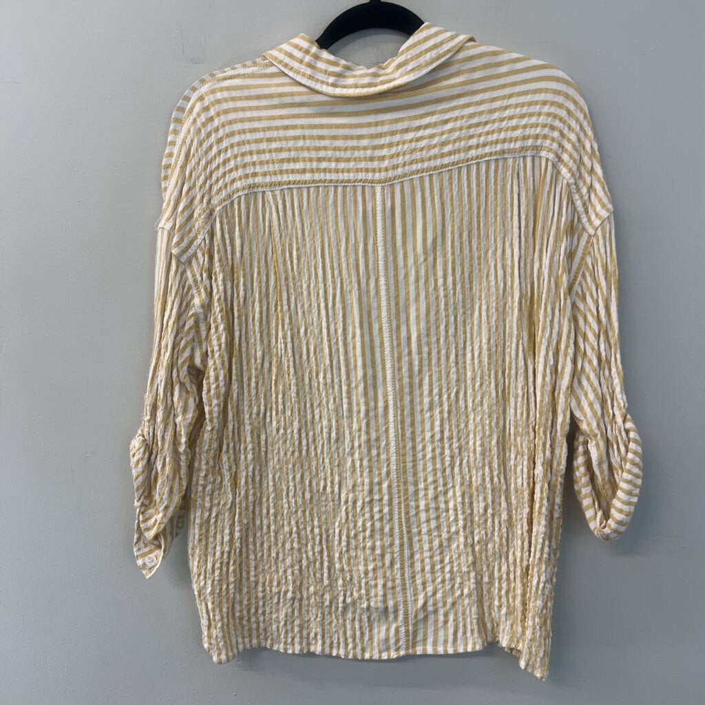 Max Studio White/ Yellow Striped Long Sleeve Button Down Top Small