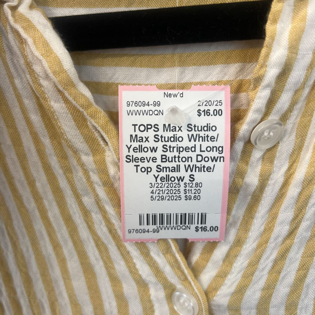 Max Studio White/ Yellow Striped Long Sleeve Button Down Top Small