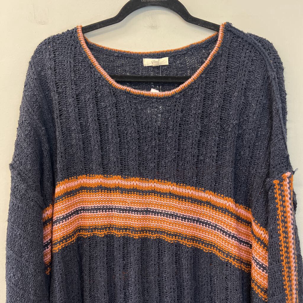 Easel Navy/ Orange Stripe Detail Long Sleeve Knit Sweater Top 1X