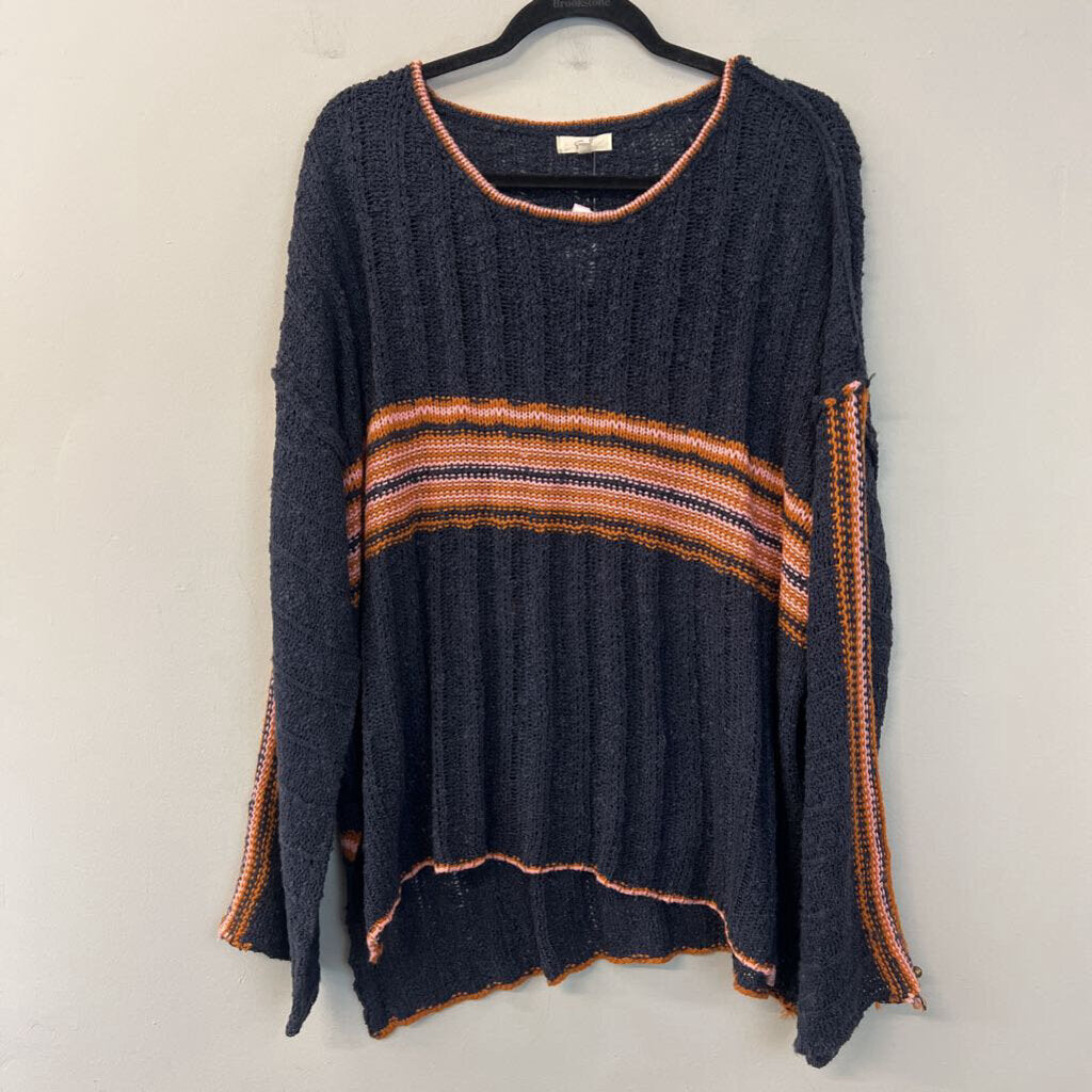 Easel Navy/ Orange Stripe Detail Long Sleeve Knit Sweater Top 1X