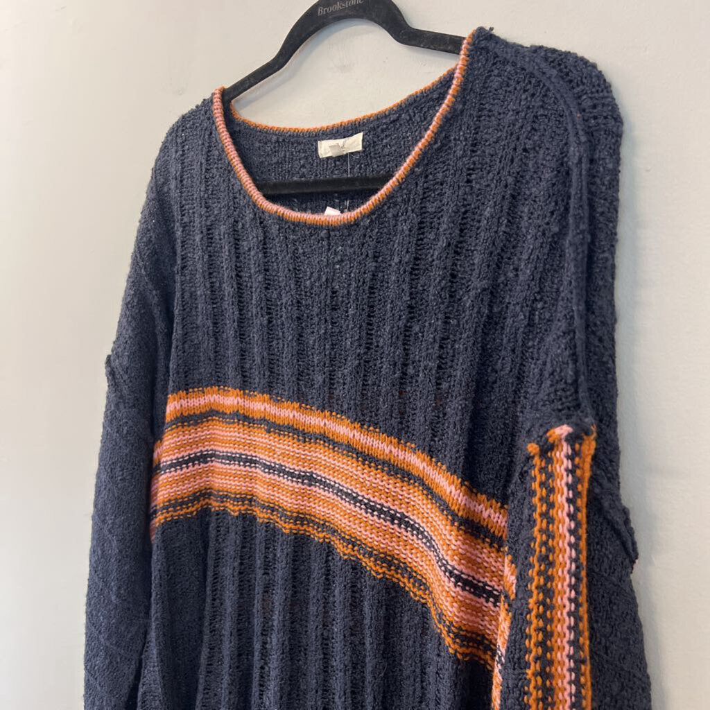 Easel Navy/ Orange Stripe Detail Long Sleeve Knit Sweater Top 1X