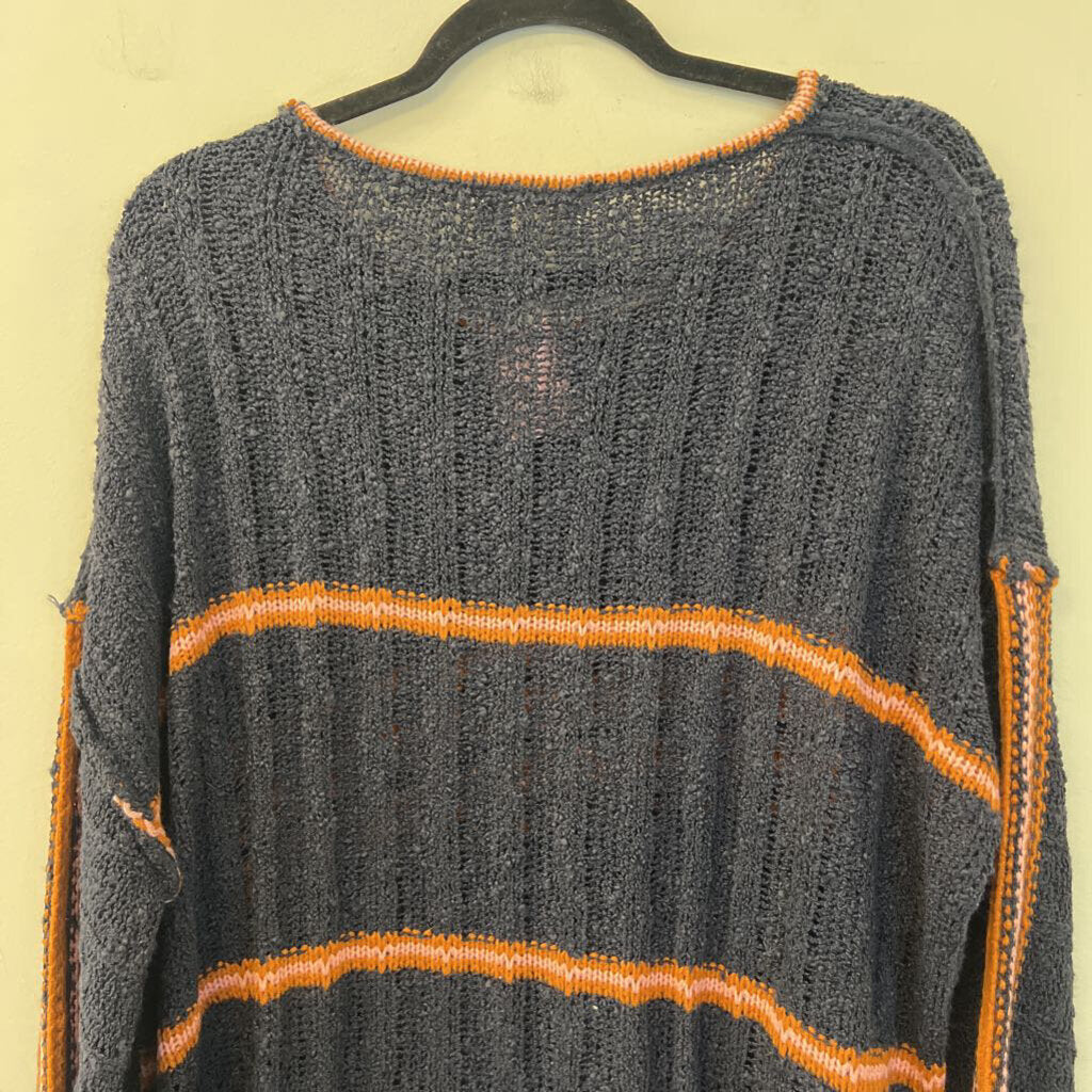 Easel Navy/ Orange Stripe Detail Long Sleeve Knit Sweater Top 1X