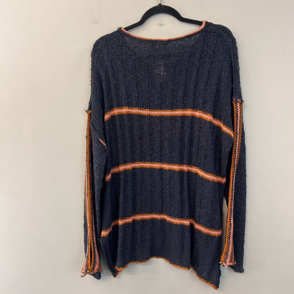 Easel Navy/ Orange Stripe Detail Long Sleeve Knit Sweater Top 1X