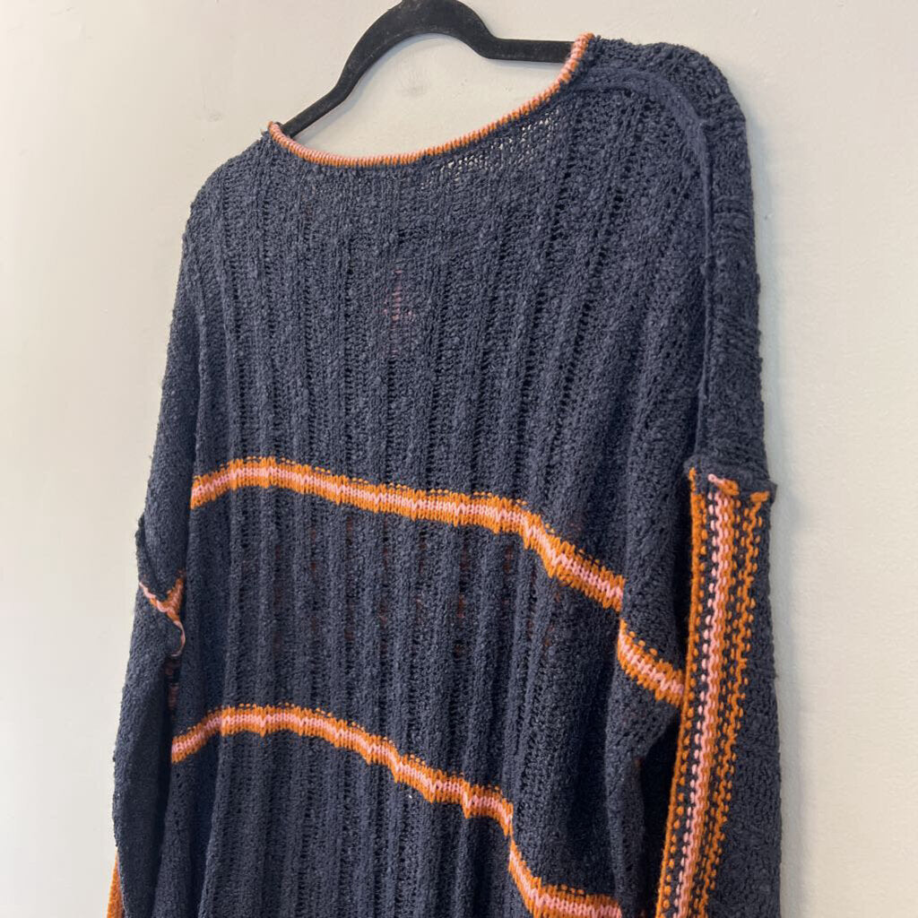 Easel Navy/ Orange Stripe Detail Long Sleeve Knit Sweater Top 1X