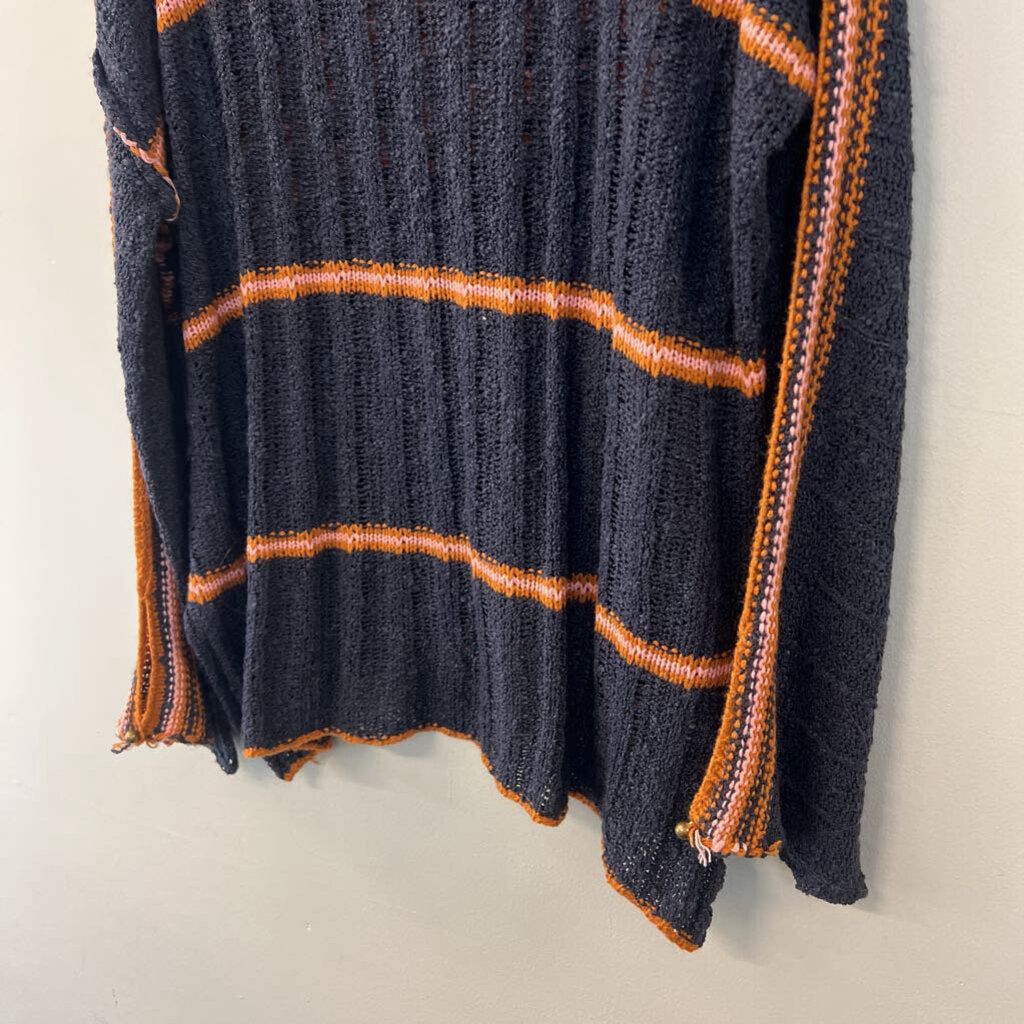 Easel Navy/ Orange Stripe Detail Long Sleeve Knit Sweater Top 1X