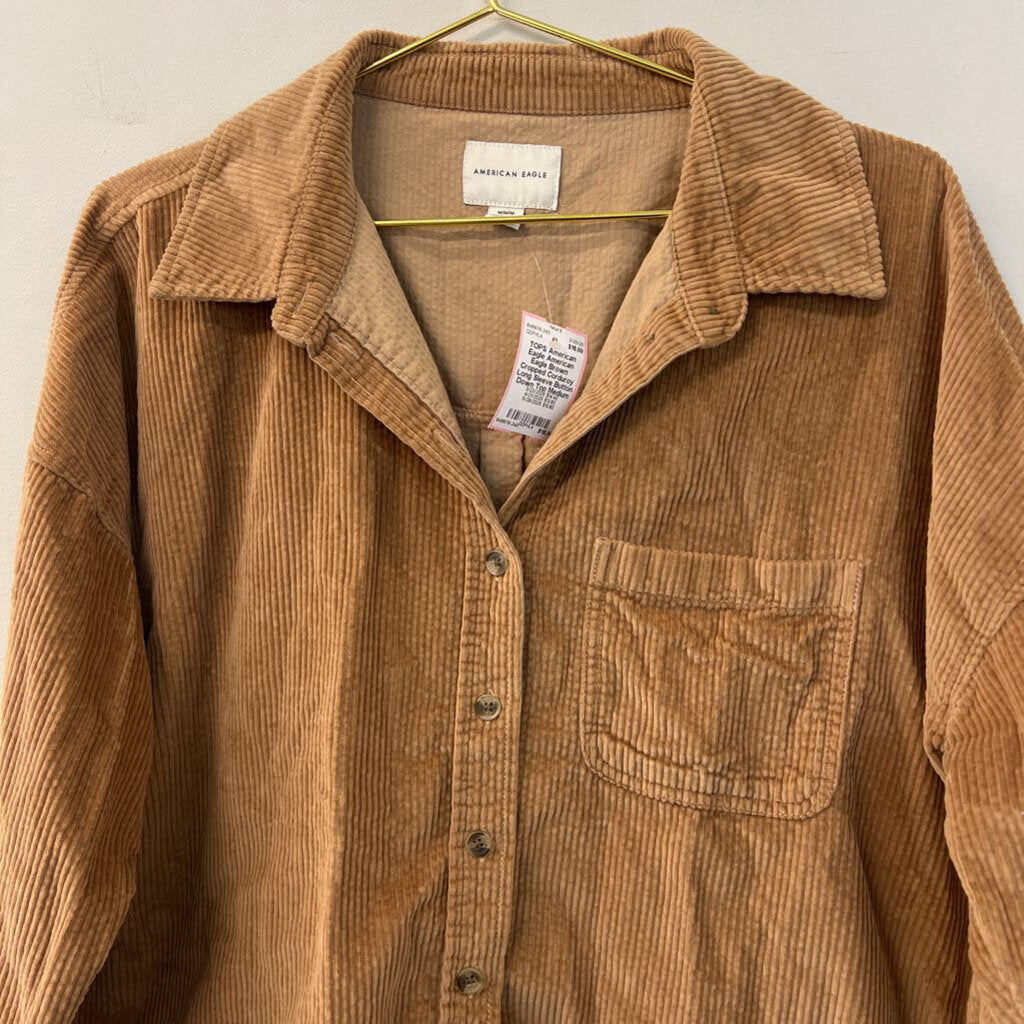 American Eagle Brown Cropped Corduroy Long Sleeve Button Down Top Medium