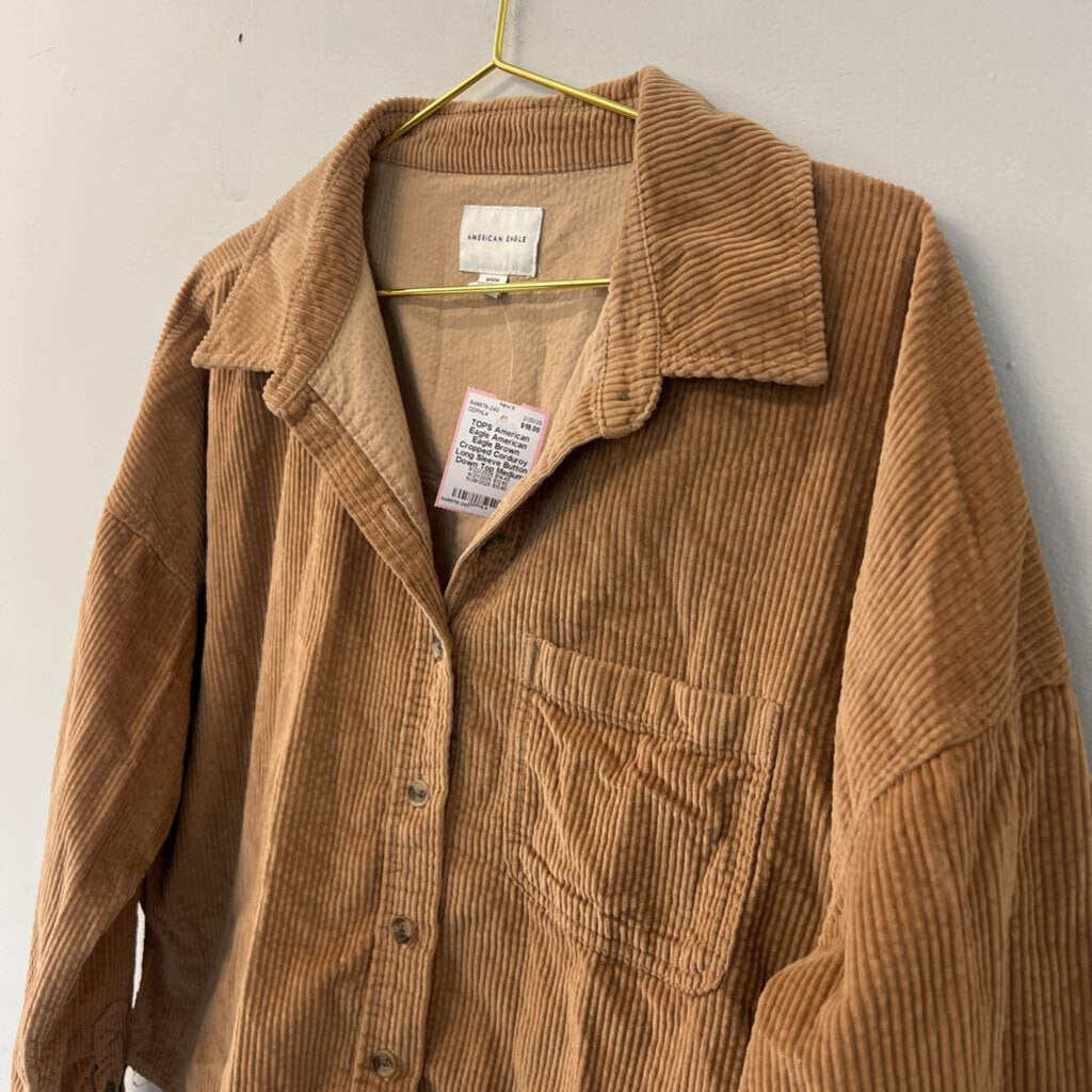 American Eagle Brown Cropped Corduroy Long Sleeve Button Down Top Medium