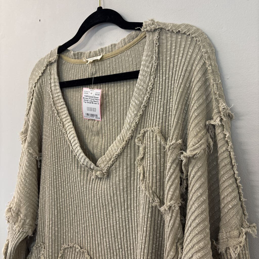 Easel Brown Frayed Heart Detail Long Sleeve Top Small