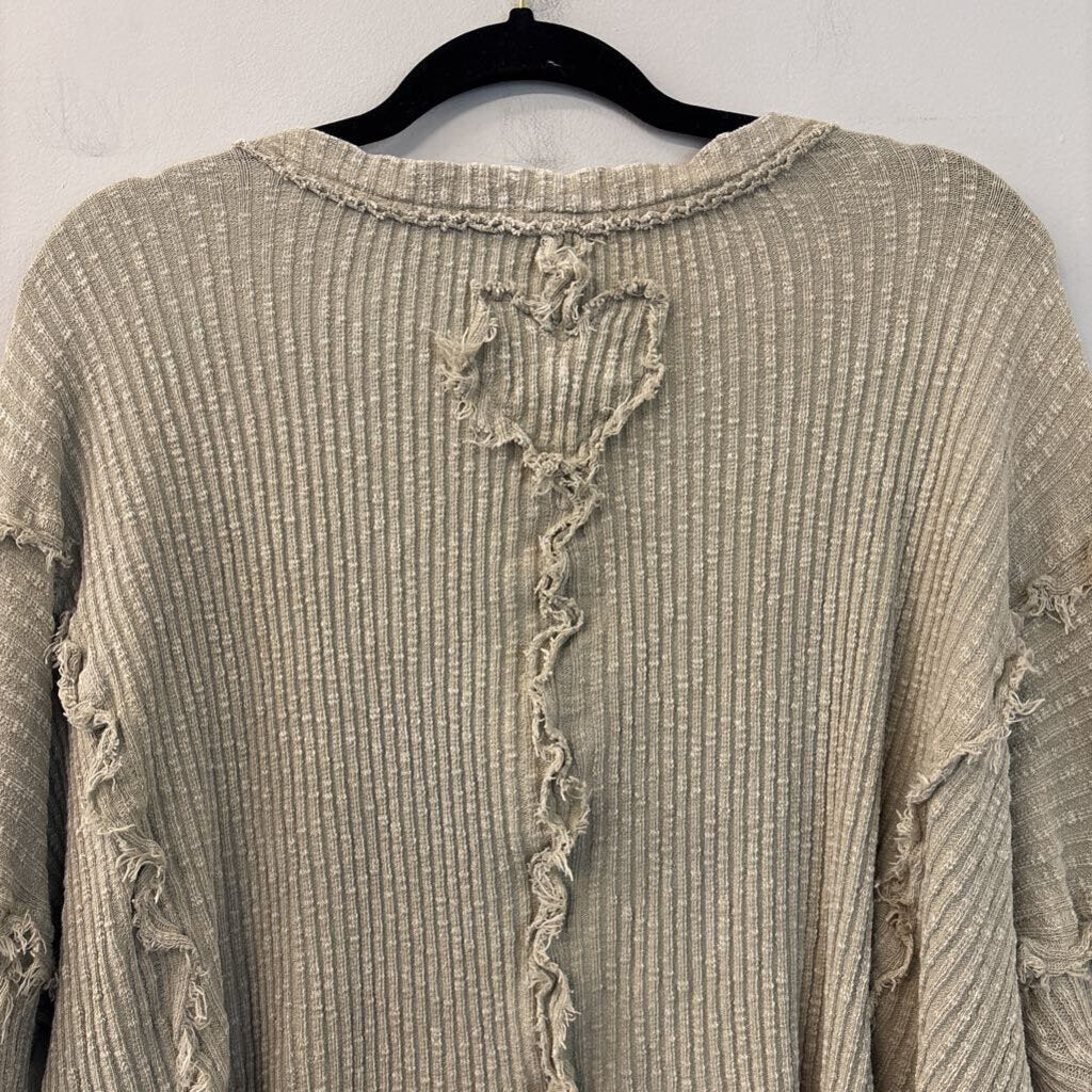 Easel Brown Frayed Heart Detail Long Sleeve Top Small