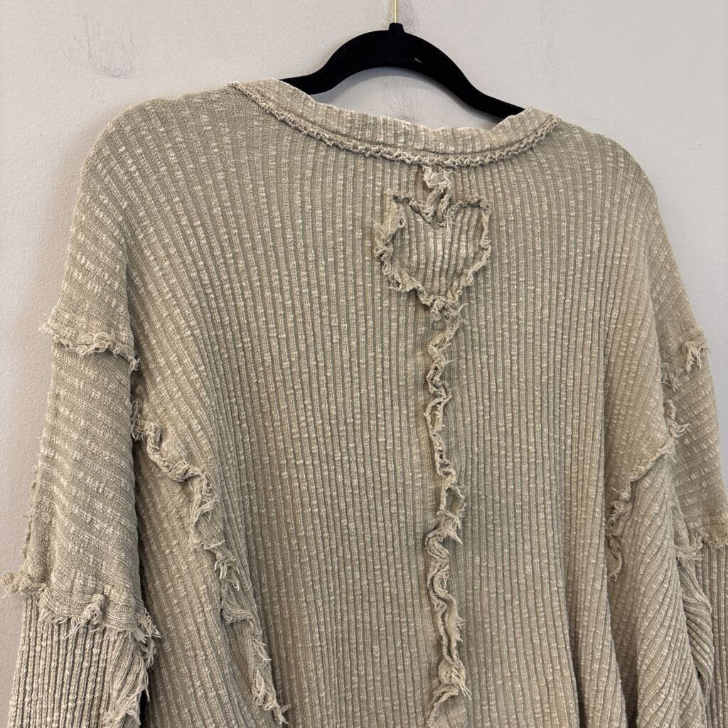 Easel Brown Frayed Heart Detail Long Sleeve Top Small