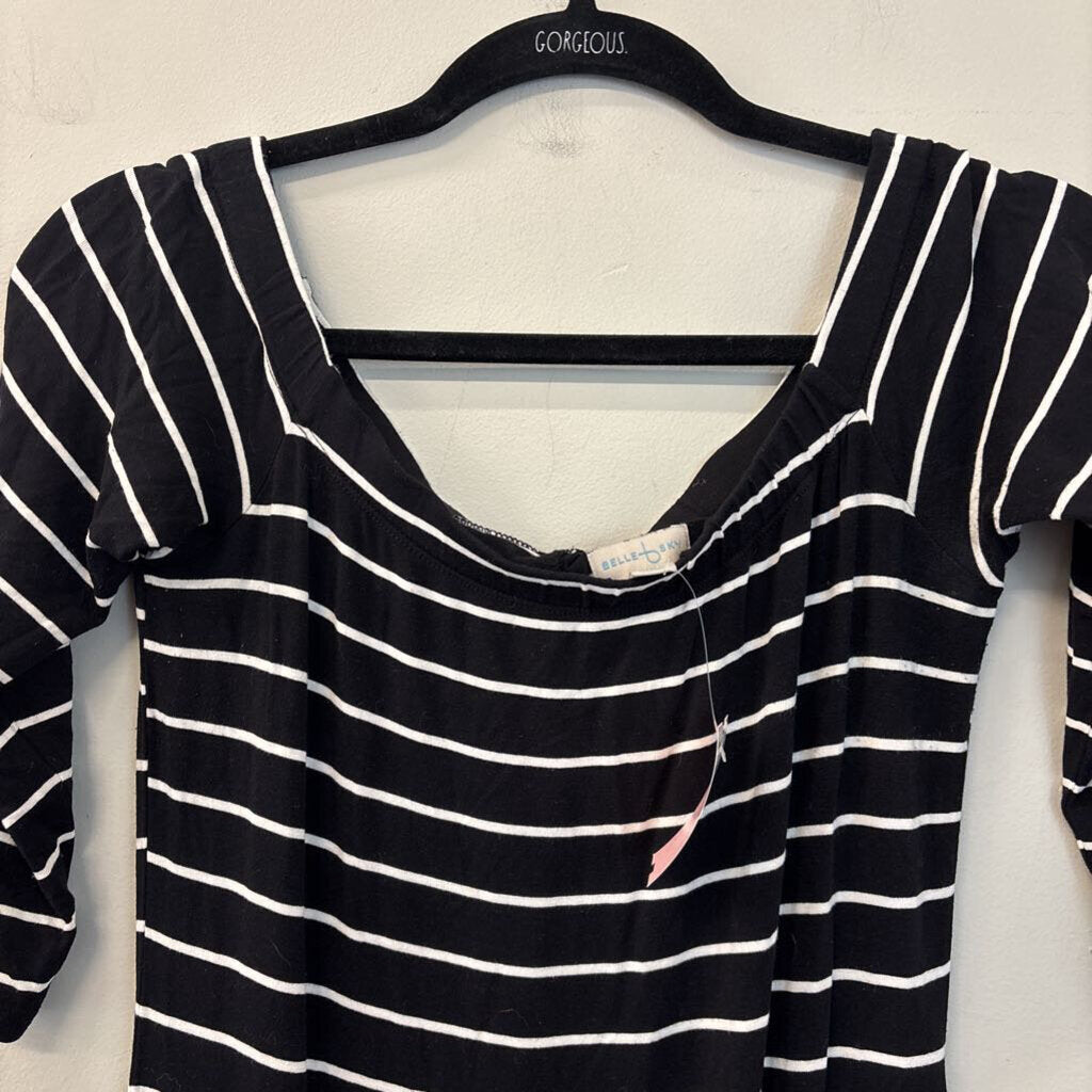 Belle Sky Black/ White Striped Off Shoulder Dress Medium